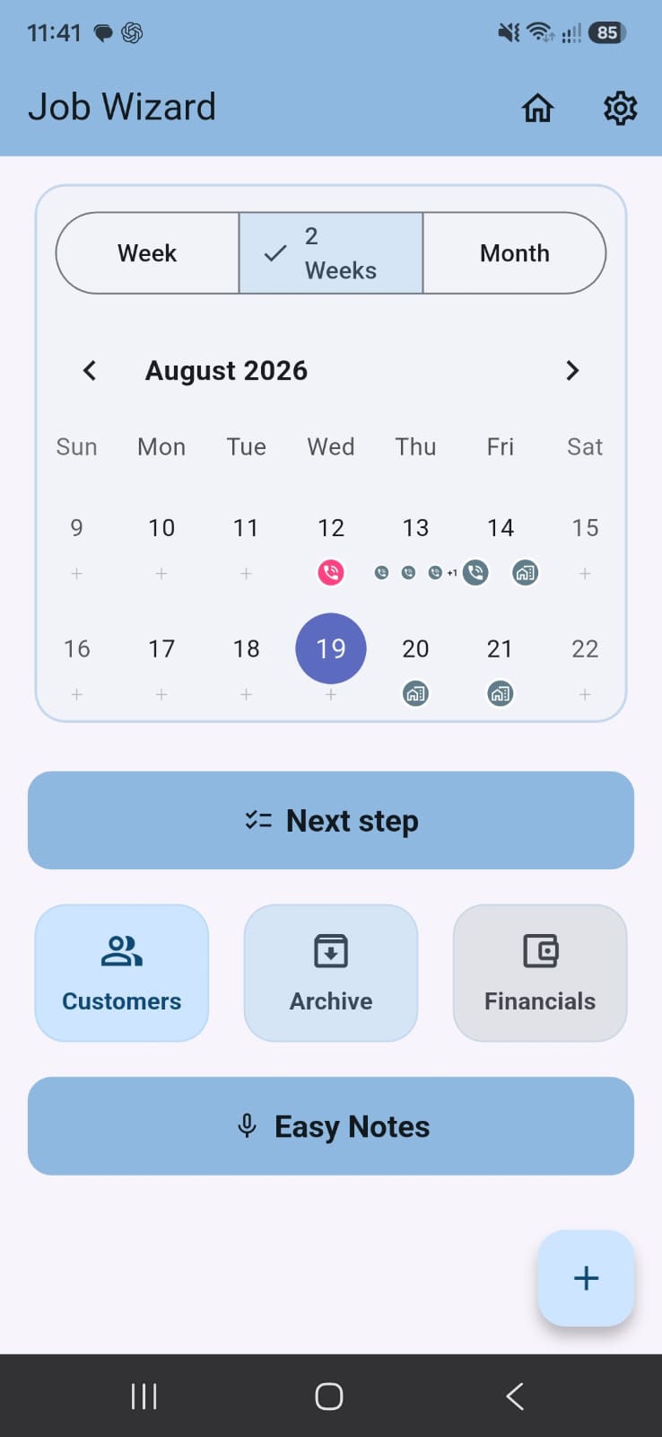 Job Wizard dashboard showing the calendar, next step, customers, archive, financials and easy notes