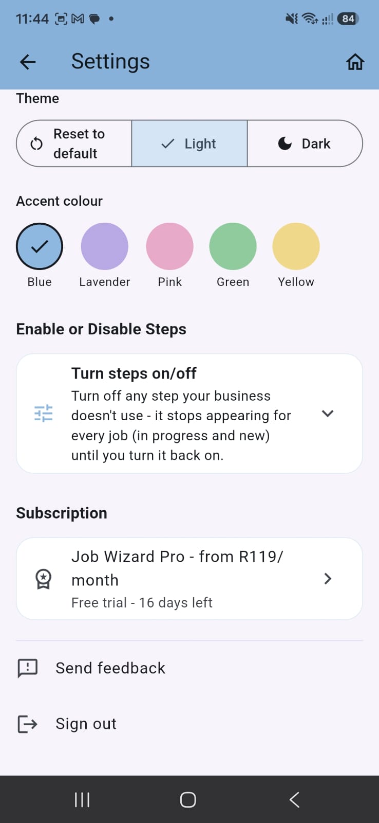 Job Wizard settings showing theme, accent colours, workflow settings and subscription